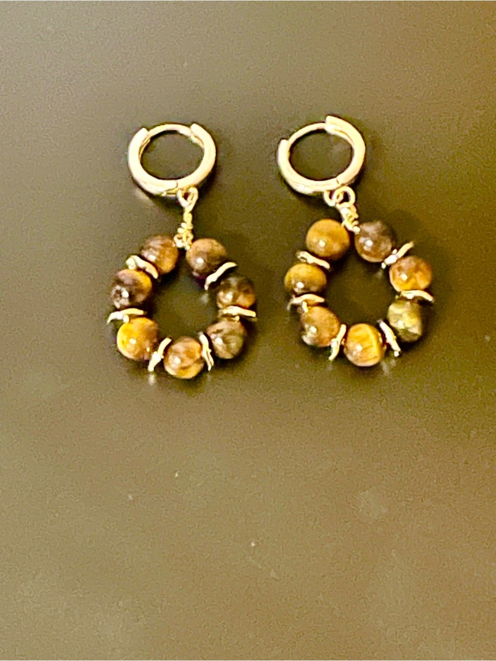 14k gold Hoop Earrings with Brown Tiger Eye Beads